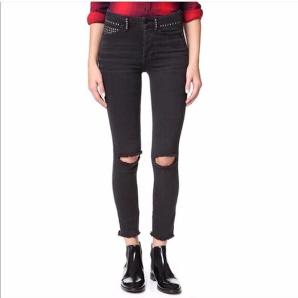Free People SZ 27 Payton High Waist Studded Jeans Faded Black 80’s Retro Grunge - Picture 4 of 16
